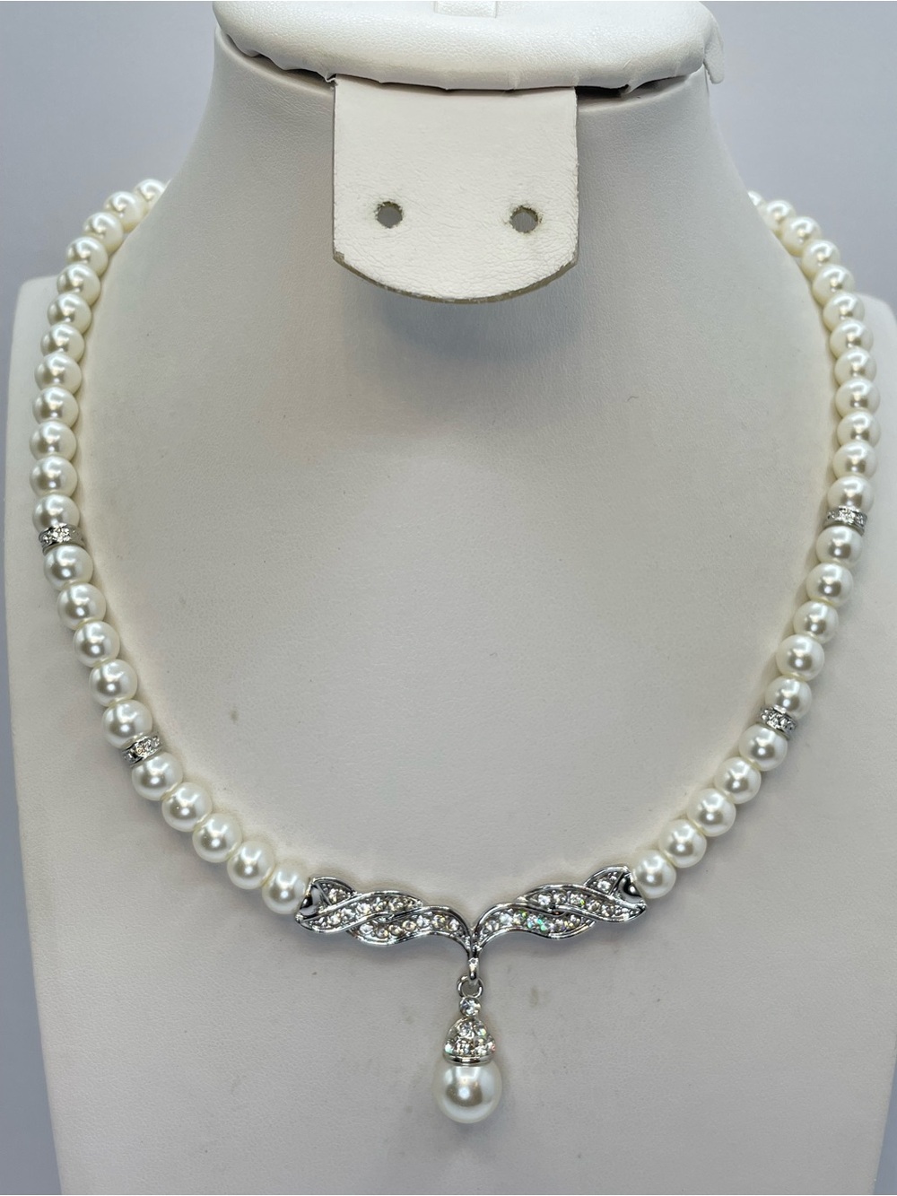 Faux Glass Pearl Rhinestone Y Drop Bridal Statement Necklace Silver Elegant Glam